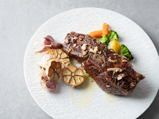 Poster - grilled beef steak with roasted garlic