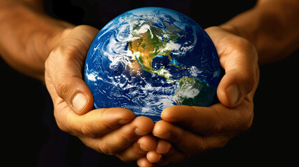 small planet earth human hand black bakground renewable energy concept