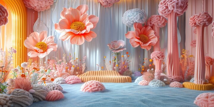 Whimsical 3D render of a fantastical, oversized craft supply display with blooming, flower-like yarn skeins and playful, petal-shaped knitting needles