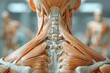 the anatomy of the trapezius muscles in closeup, showcasing their broad, triangular shape and their attachment points on the spine and shoulder girdle