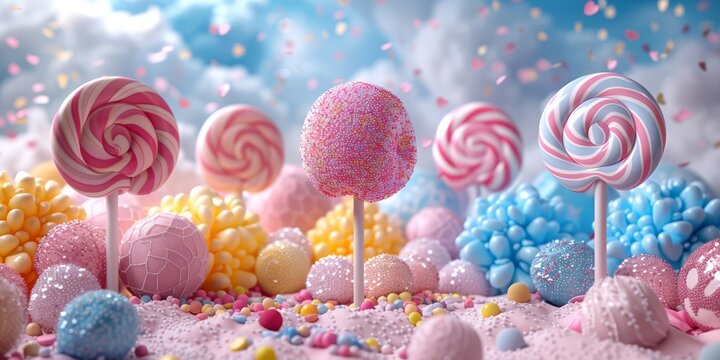 Whimsical 3D render of a fantastical, candy-colored party supply display with oversized, lollipop-like balloons and playful, confetti-shaped decorations