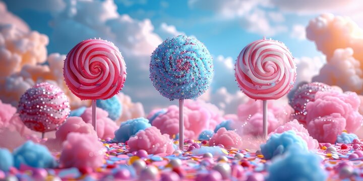 Whimsical 3D render of a fantastical, candy-colored party supply display with oversized, lollipop-like balloons and playful, confetti-shaped decorations