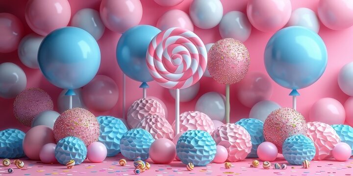 Whimsical 3D render of a fantastical, candy-colored party supply display with oversized, lollipop-like balloons and playful, confetti-shaped decorations