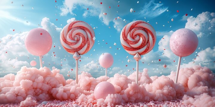 Whimsical 3D render of a fantastical, candy-colored party supply display with oversized, lollipop-like balloons and playful, confetti-shaped decorations
