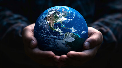 human holding small globe earth hand black bakgroud,earth Day or enviroment protection Help save the world