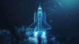 Fototapeta Sport - In this 3D vector illustration, a low poly space shuttle, bathed in a technological blue glow, soars upward amid smoke trails, 