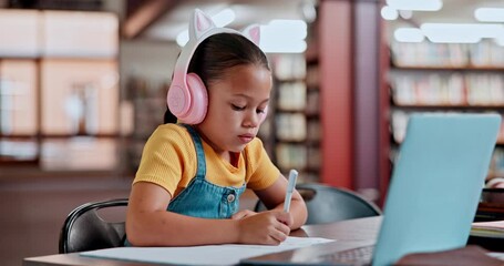 Sticker - Laptop, headphones and girl online school, elearning and growth of development, child and student. Video call, internet and female kid writing for education on desk of library, paper and test