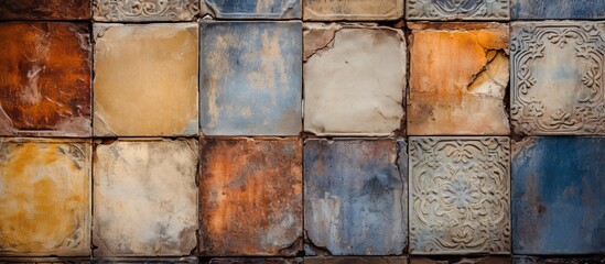 Poster - Close-up view of a diverse range of colorful tiles arranged on a wall, showcasing a vibrant and creative design