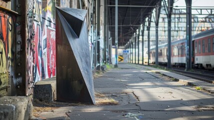 Wall Mural - As trains rumble in the background and the smell of fresh graffiti fills the air this metal podium stands proud its angular edges . .