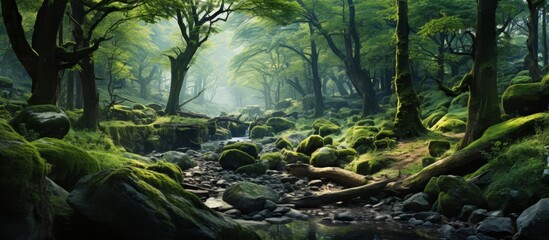 Wall Mural - The tranquil stream meanders through the verdant forest dotted with various sizes of rocks and pebbles