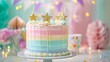 Stunning multi-colored cake adorned with festive flags and golden star decorations.