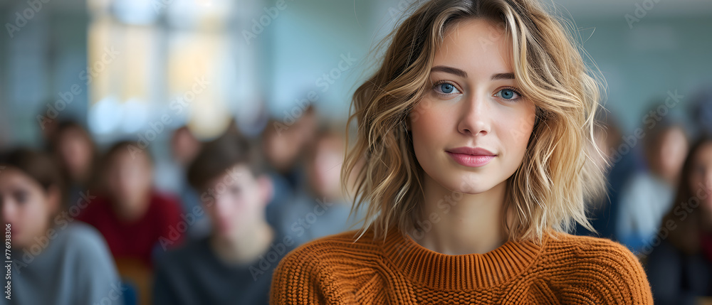 Confident female teacher standing in a school classroom with students ...