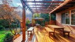 A Spacious Wooden Deck Merges Seamlessly with Custom Benches and a Sophisticated Attached Pergola