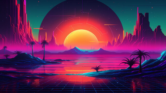 The scene is a retro futuristic synthwave-styled mountain landscape with a sunset in the background. Cyberpunk dreamscape.