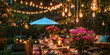 Enchanting garden dinner party with string lights at dusk
