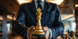 Businessman's glory: Embracing golden trophy of success
