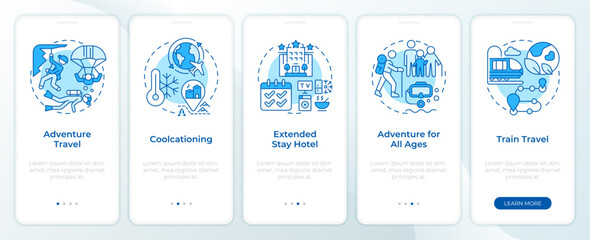 Wall Mural - Trends in traveling blue onboarding mobile app screen. Walkthrough 5 steps editable graphic instructions with linear concepts. UI, UX, GUI template. Montserrat SemiBold, Regular fonts used