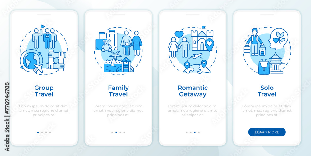 Travel types blue onboarding mobile app screen. Travel agency ...