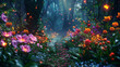 © wanna - A mystical forest path illuminated by fireflies, leading to an enchanted garden filled with colorful flowers and magical creatures