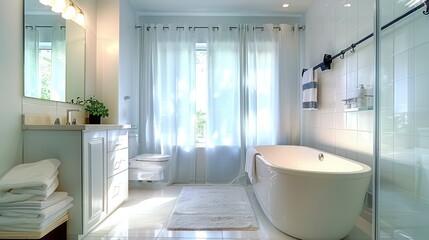 Wall Mural - A Sparkling Bright Bathroom Boasts a Sleek White Cabinet, Inviting Bathtub, and Delicate White Curtain