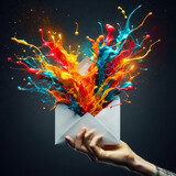 Fototapeta  - envelope exploding in colorful paint- mail, contact, advertising, email