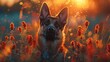 In twilight's embrace, a baby German Shepherd, special and bright, untangles the quantum tapestry, boundless cosmos at its paws.