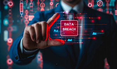 Poster - Executive Using Smartphone to Manage Data Breach Warning, Digital Security Alert on Virtual Interface with Icons