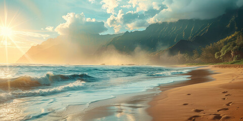 Wall Mural - Panoramic view of sandy beach, clean blue sea and mountains on background in sunny weather