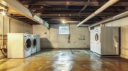 Wall Mural - A Generous Basement Space Features Laundry Facilities, Merging Convenience with Capacity at Home