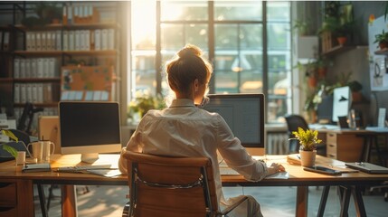 Aufkleber - An office worker works in an office. Generative AI.