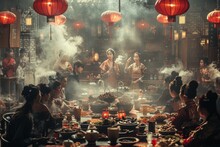 Scene Of Yunnanese Dance Near A Traditional Dining Table.