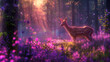 A magical deer with glowing purple and pink flowers in the forest, surrounded by fireflies and wildflowers
