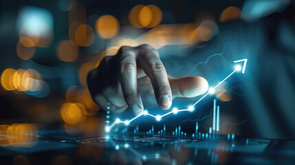 Leinwandbilder - Businessman touching glowing upward arrow on virtual screen, a growing graph showing business growth in the concept with the businessman pointing at a positive line chart. Generative AI.