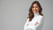 Confident young woman smiling in casual white turtleneck. Professional headshot for modern business. Studio portrait on a gray background. AI
