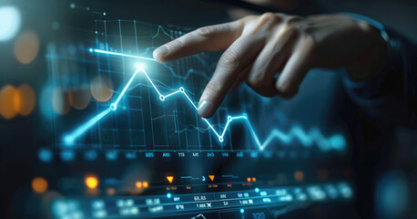 Leinwandbilder - Businessman touching glowing upward arrow on virtual screen, a growing graph showing business growth in the concept with the businessman pointing at a positive line chart. Generative AI.