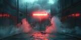 Fototapeta Przestrzenne - The haunting interplay of neon lights and a searchlight amidst smoke, set in a dark, empty street, visualized in the dramatic style of documentary.