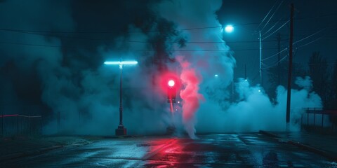 Wall Mural - The haunting interplay of neon lights and a searchlight amidst smoke, set in a dark, empty street, visualized in the dramatic style of documentary.