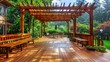 A Spacious Wooden Deck Featuring Built-In Benches and a Gracefully Attached Pergola