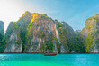 Exotic islands with turquoise water with a boat, panoramic view Maya Bay