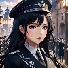 Beautiful female soldier in military uniform with black hair