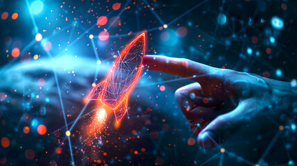 Aufkleber - Futuristic Interaction with Virtual Technology. Human Hand Touching Digital Interface. Conceptual Tech Background. Ideal for Web and Print. AI