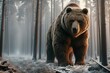 large brown bear stands in a snowy forest