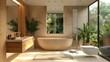 Modern bathroom interior with a beige Bathtub, washstand and Toilet in neutral tones, minimalist design concept with large windows and wooden accents. Generative AI.