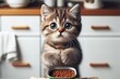 A cute kitten is standing in front can of cat food