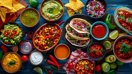 Wall Mural - Colorful Array Of Mexican Cuisine, Including Tacos, Guacamole, Salsa, And Condiments. Top View. Cinco de Mayo Celebration, Restaurant Menus, or Food Blogs. AI Generated