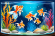 Goldfish in a tank, aquarium with colourful corals, bright illustration