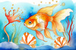 Goldfish underwater, beautiful corals, watercolour painting