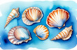 Set of beautiful shells on blue background, watercolour illustration, postcard