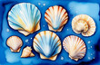 Set of beautiful shells on blue background, watercolour illustration, postcard