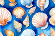 Set of beautiful seashells on blue background, watercolour illustration, postcard